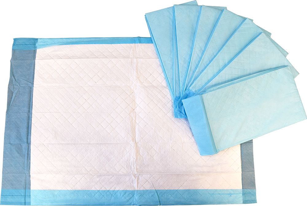 Mediflex disposable absorbent underpad in white with blue edges stacked on black background